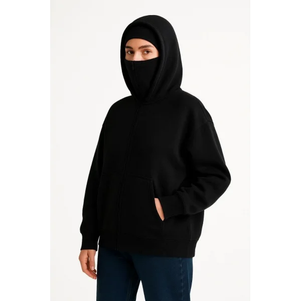 Kadın Samuray Ninja Çift Kapüşonlu Maske Detaylı Fermuarlı Kanguru Cepli Hoodie - Siyah