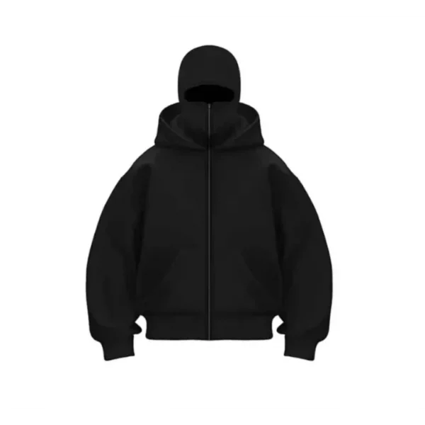 Kadın Samuray Ninja Çift Kapüşonlu Maske Detaylı Fermuarlı Kanguru Cepli Hoodie - Siyah