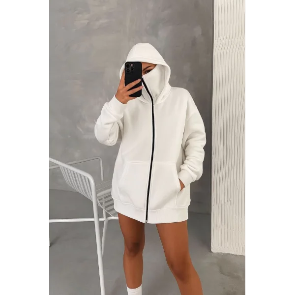 Kadın Samuray Ninja Çift Kapüşonlu Maske Detaylı Fermuarlı Kanguru Cepli Hoodie - Beyaz