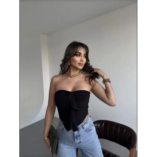 Kadın Sandy Asimetrik Büzgülü Straplez Bluz - Siyah