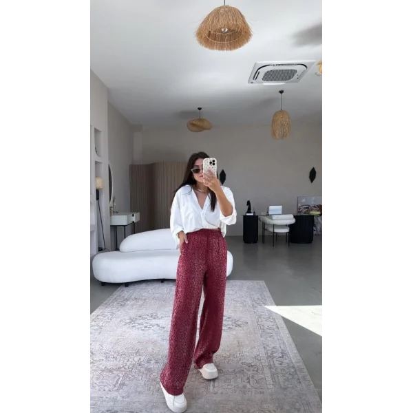 Kadın Saten Kumaş Leopar Desenli Pantolon