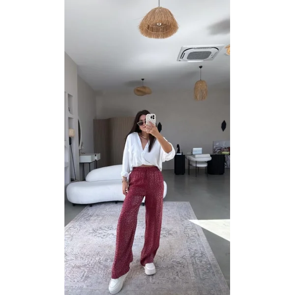 Kadın Saten Kumaş Leopar Desenli Pantolon