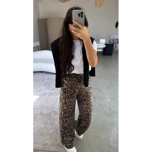 Kadın Saten Kumaş Leopar Desenli Pantolon