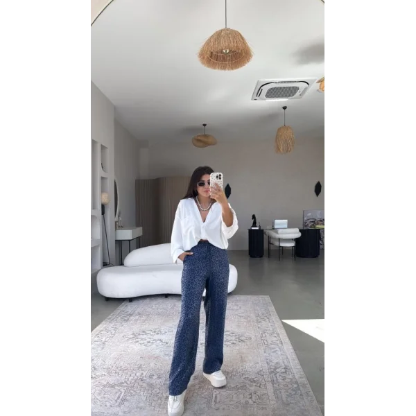 Kadın Saten Kumaş Leopar Desenli Pantolon