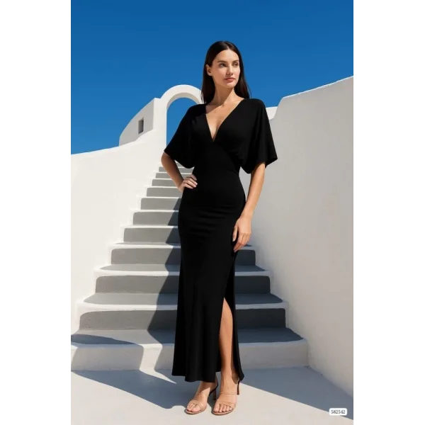 Kadın Sendy Kumaş Yırtmaç Detaylı V Yaka Elbise