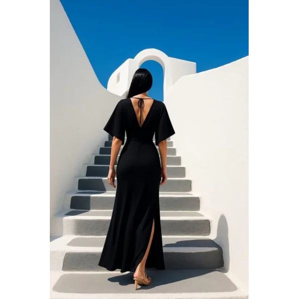 Kadın Sendy Kumaş Yırtmaç Detaylı V Yaka Elbise