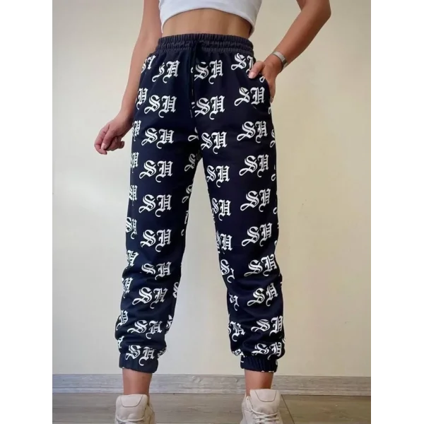 Kadın Sh Dijital Baskılı Bağcıklı Eşofman Altı - Siyah