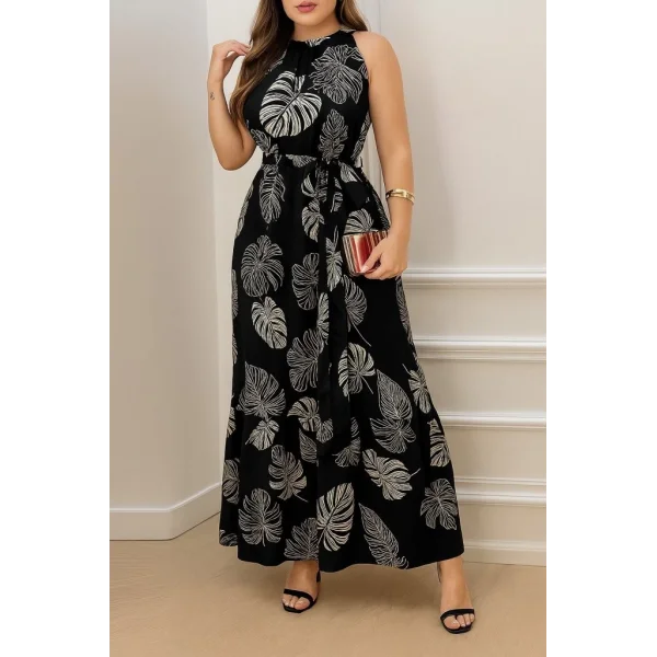 Kadın Sıfır Kok Bağcıklı Kemerli Etek Ucu Fırfırlı Desenli Süprem Elbise