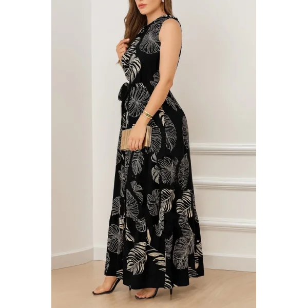 Kadın Sıfır Kok Bağcıklı Kemerli Etek Ucu Fırfırlı Desenli Süprem Elbise