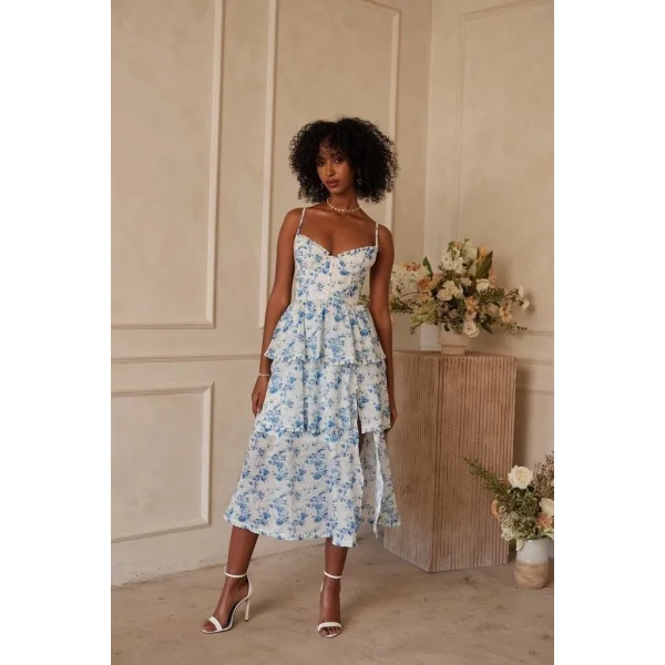 Kadın Sıfır Kol Askılı Dekolteli Yırtmaç Detay çiçek Baskılı Süprem Midi Elbise