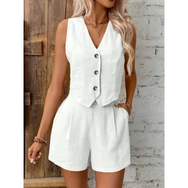 Kadın Sıfır Kol Askılı V Yakalı önden Düğmeli Ithal Keten Ceket Ve Short Ikili Takım