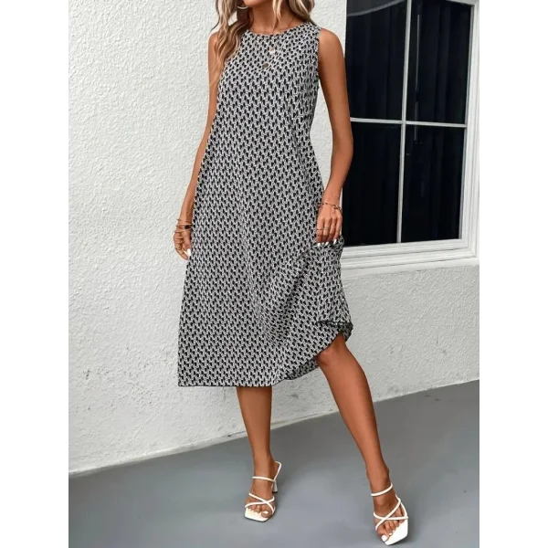 Kadın Sıfır Kol Bisiklet Yaka Desenli Midi Boy Sandy Elbise