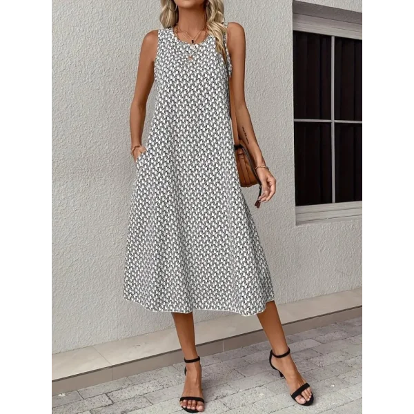 Kadın Sıfır Kol Bisiklet Yaka Desenli Midi Boy Sandy Elbise