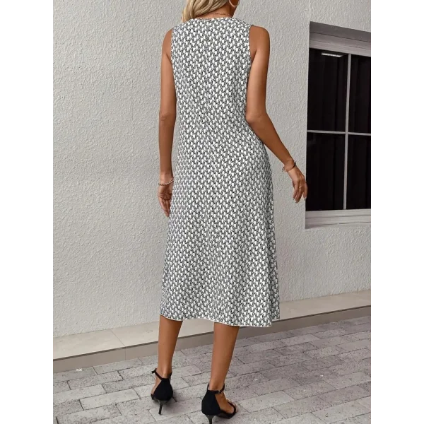 Kadın Sıfır Kol Bisiklet Yaka Desenli Midi Boy Sandy Elbise
