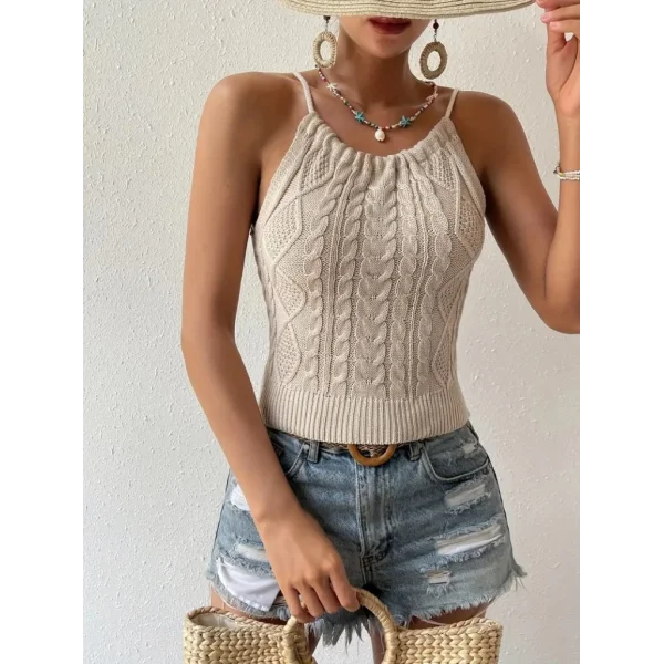 Kadın Sıfır Kol Boyun Bağlama Detay Sırt Dekolte Triko Bluz