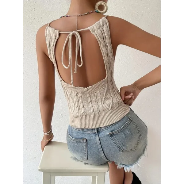 Kadın Sıfır Kol Boyun Bağlama Detay Sırt Dekolte Triko Bluz