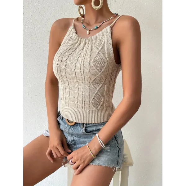 Kadın Sıfır Kol Boyun Bağlama Detay Sırt Dekolte Triko Bluz