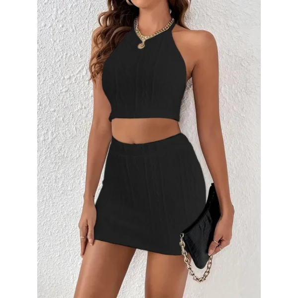 Kadın Sıfır Kol Crop Mini Etek Ikili Triko Takım