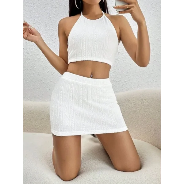 Kadın Sıfır Kol Crop Mini Etek Ikili Triko Takım