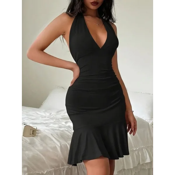 Kadın Sıfır Kol Derin V Yakalı Bağcıklı Sırt Dekolteli Etek Fırfır Detaylı Sandy Elbise