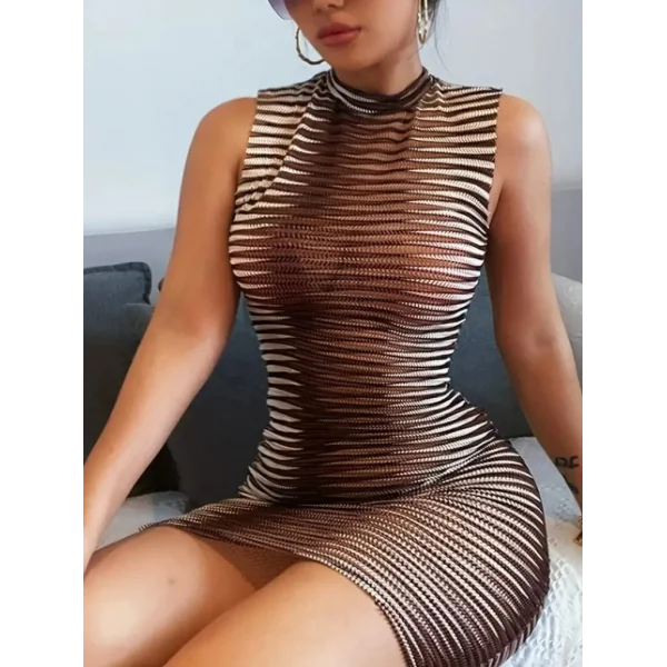 Kadın Sıfır Kol Desenli Mini Bodycon Dalgıç Elbise