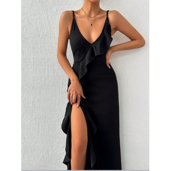 Kadın Sıfır Kol Ip Askılı Dekolteli Yırtmaç Detay Krep Elbise