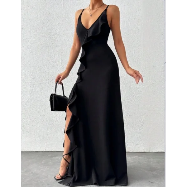 Kadın Sıfır Kol Ip Askılı Dekolteli Yırtmaç Detay Krep Elbise