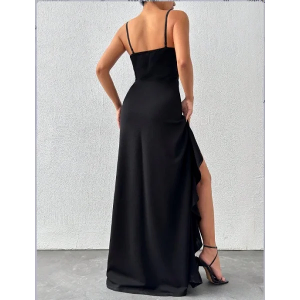 Kadın Sıfır Kol Ip Askılı Dekolteli Yırtmaç Detay Krep Elbise