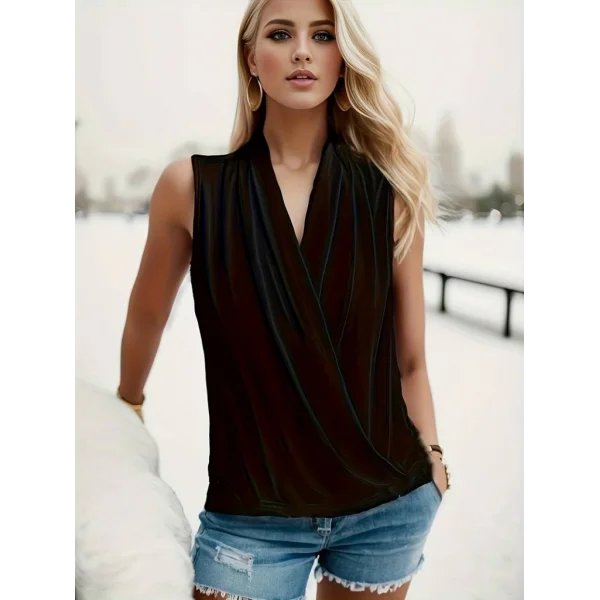 Kadın Sıfır Kol Kruvaze Yaka Sandy Bluz