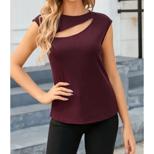 Kadın Sıfır Kol Pencere Detay Viskon T-shirt