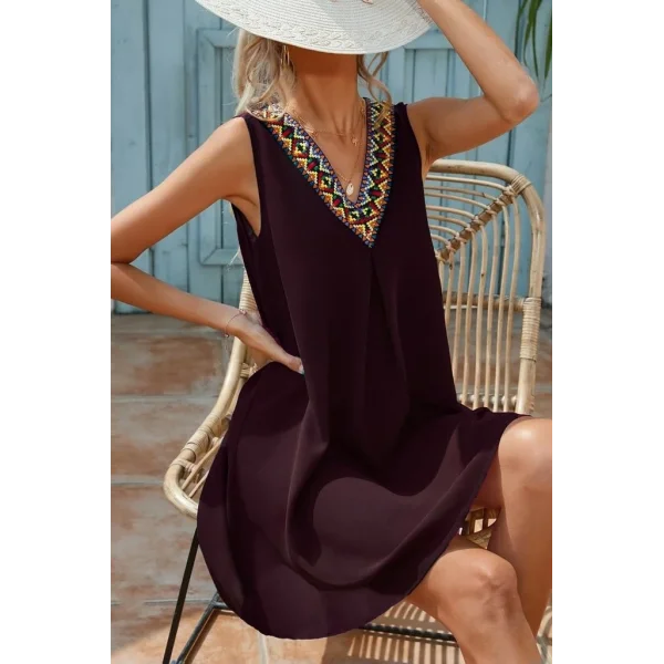 Kadın Sıfır Kol şerit Detaylı V Yaka Viskon Elbise