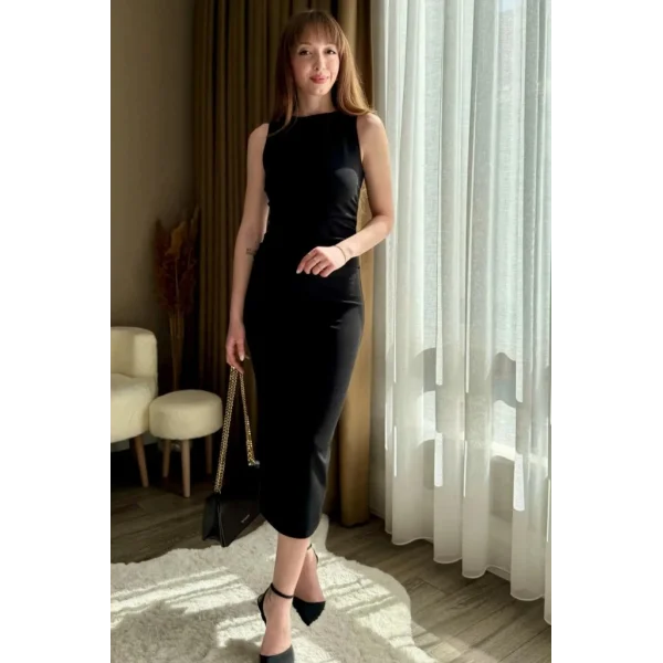 Kadın Sıfır Kol Sıfır Yaka Drape Detaylı Midi Janjan Krep Elbise