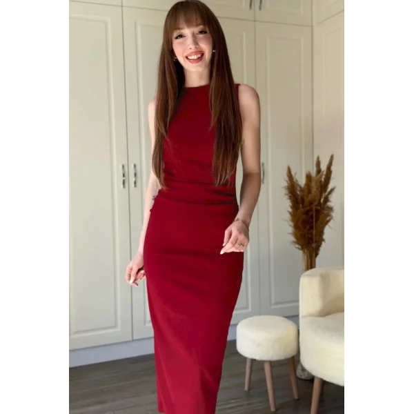 Kadın Sıfır Kol Sıfır Yaka Drape Detaylı Midi Janjan Krep Elbise