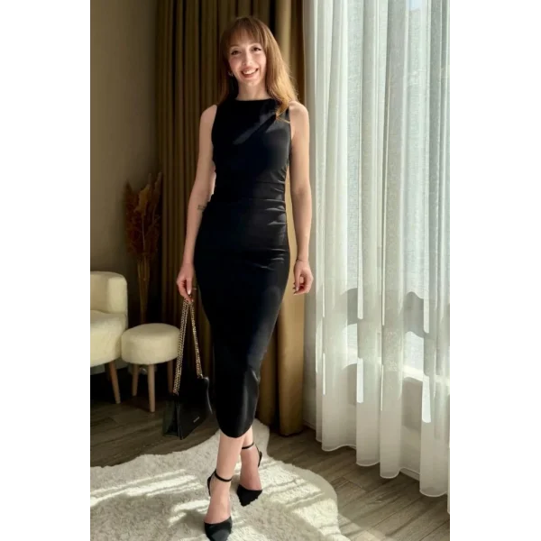 Kadın Sıfır Kol Sıfır Yaka Drape Detaylı Midi Janjan Krep Elbise