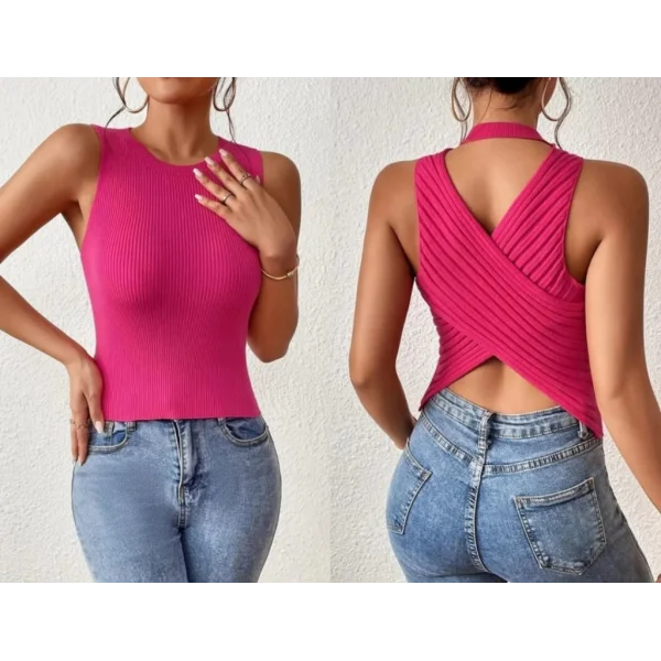 Kadın Sıfır Kol Sırt çapraz Detay Triko Bluz