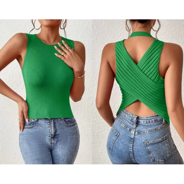 Kadın Sıfır Kol Sırt çapraz Detay Triko Bluz