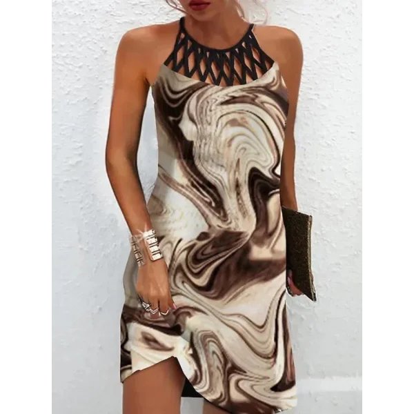 Kadın Sıfır Kol Soğuk Omuz Yaka Baskılı Süprem Elbise