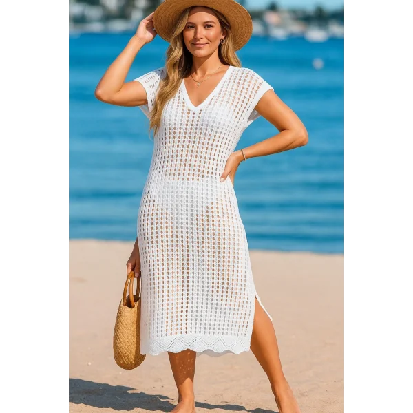 Kadın Sıfır Kol V Yaka Yanı Derin Yırtmaçlı Midi Boy Triko Elbise