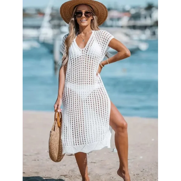 Kadın Sıfır Kol V Yaka Yanı Derin Yırtmaçlı Midi Boy Triko Elbise