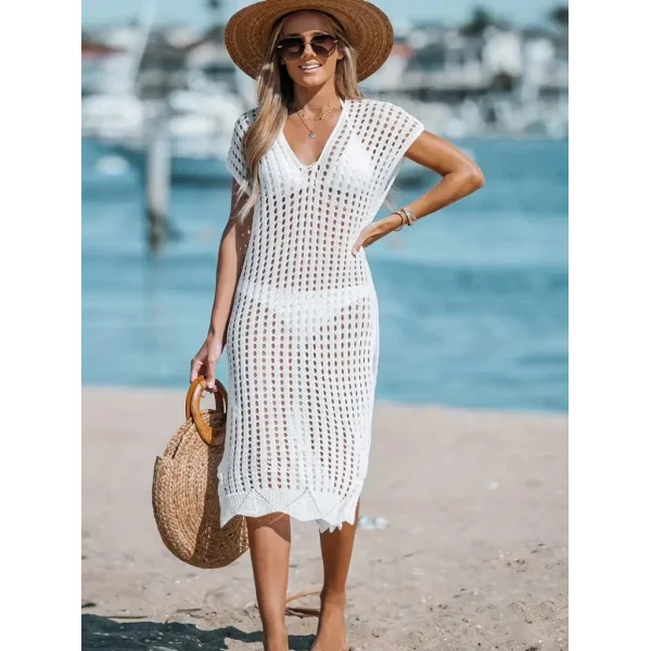 Kadın Sıfır Kol V Yaka Yanı Derin Yırtmaçlı Midi Boy Triko Elbise