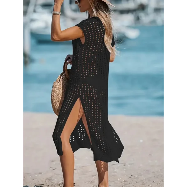 Kadın Sıfır Kol V Yaka Yanı Derin Yırtmaçlı Midi Boy Triko Elbise