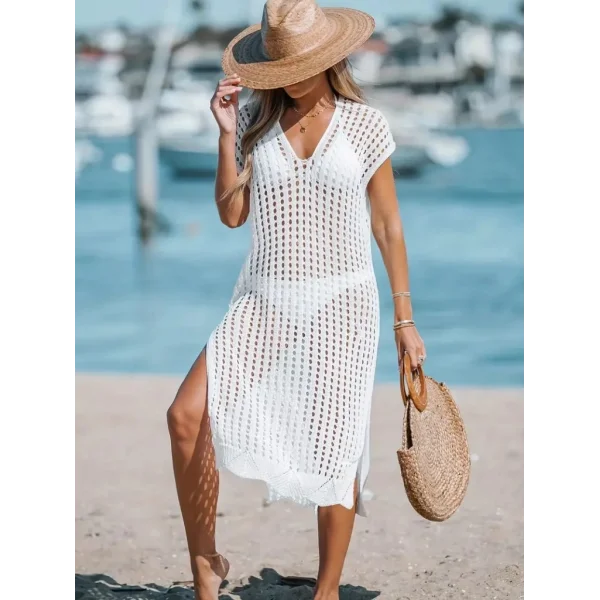 Kadın Sıfır Kol V Yaka Yanı Derin Yırtmaçlı Midi Boy Triko Elbise