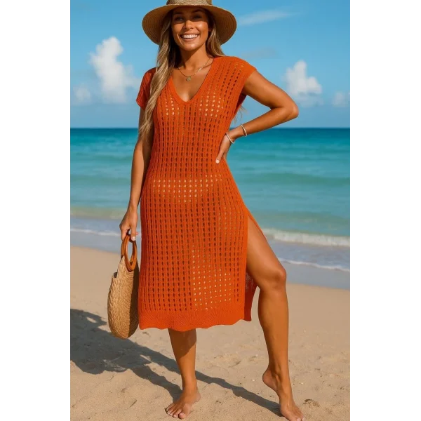 Kadın Sıfır Kol V Yaka Yanı Derin Yırtmaçlı Midi Boy Triko Elbise