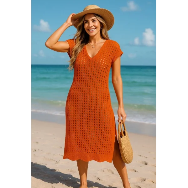 Kadın Sıfır Kol V Yaka Yanı Derin Yırtmaçlı Midi Boy Triko Elbise