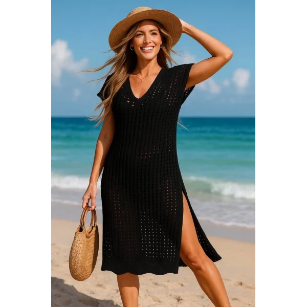 Kadın Sıfır Kol V Yaka Yanı Derin Yırtmaçlı Midi Boy Triko Elbise