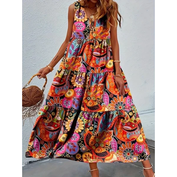 Kadın Sıfır Kol V Yakalı çiçek Baskılı Maksi Süprem Elbise