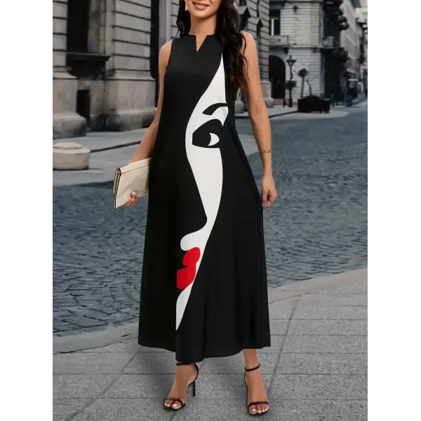 Kadın Sıfır Kol V Yakalı Kadın Yüz Desenli Süprem Elbise