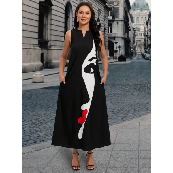 Kadın Sıfır Kol V Yakalı Kadın Yüz Desenli Süprem Elbise
