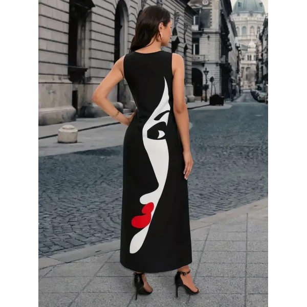 Kadın Sıfır Kol V Yakalı Kadın Yüz Desenli Süprem Elbise