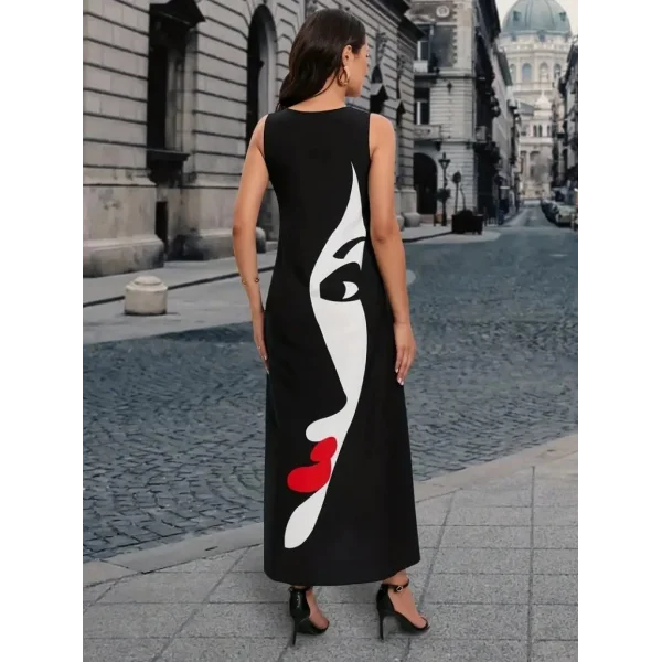 Kadın Sıfır Kol V Yakalı Kadın Yüz Desenli Süprem Elbise